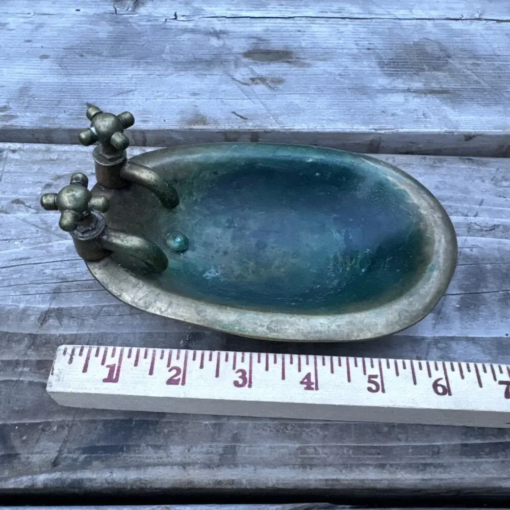 Vintage Brass Metal Footed Bathtub Soap Dish with Spigots Patina